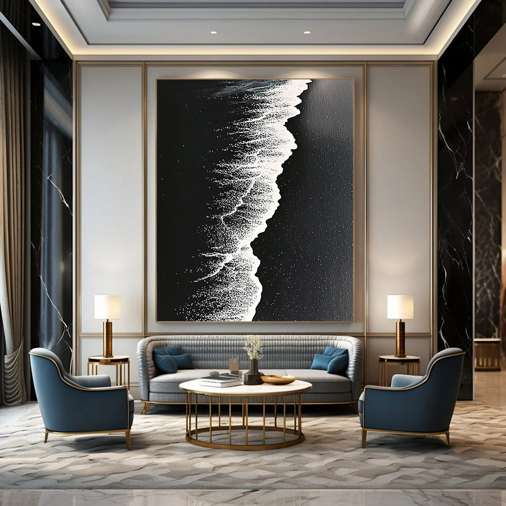 Contemporary abstract artwork capturing high-contrast monochrome beach waves on dark sand with intricate details and surrealistic perspective. DLZ0841