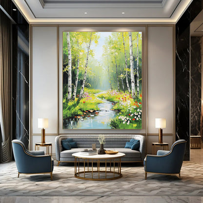 Vibrant contemporary hand-painted abstract artwork featuring birch trees and spring flowers illuminated by sunlight with a serene stream enhancing the natural beauty. DLZ1123