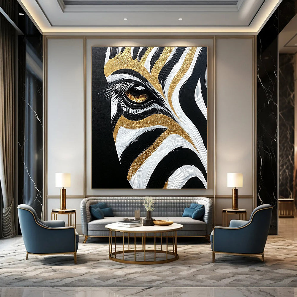 Contemporary abstract painting featuring a close-up of a zebra's eye and forehead stripes in black, white, and gold highlights. DLZ1216