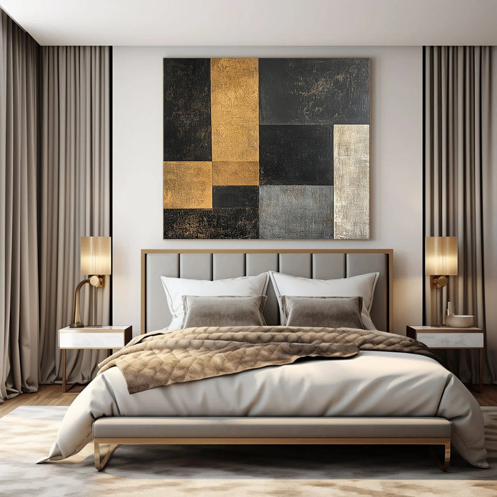 Black, Gold, Gray with Interlocking Squares "Modern Mosaic" Abstract Painting On Canvas HB003