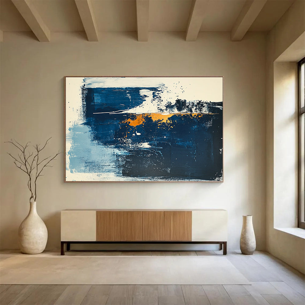 “Blue - White - Gold Abstract Splashes” - Blue, White, Gold, Abstract splashes - Acrylic Painting HB1792