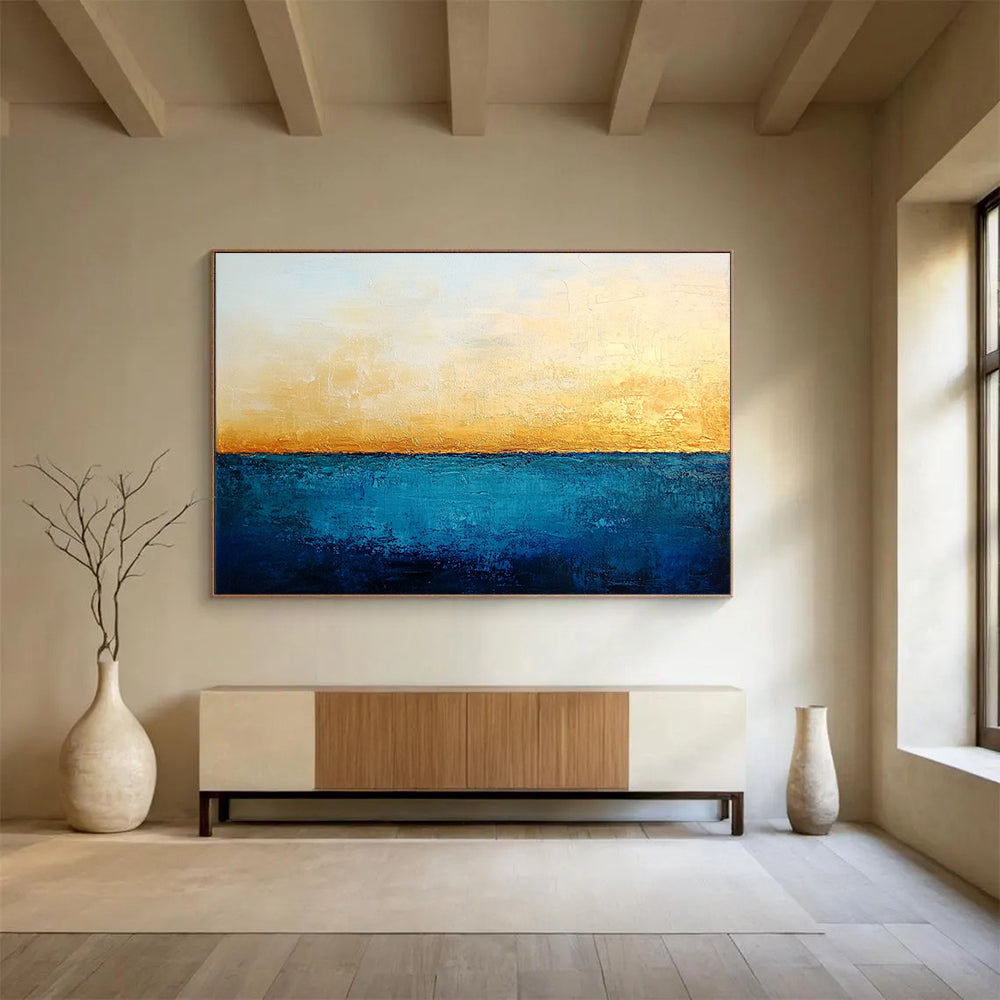 “Golden Horizon” - Blue, Gold, White, Minimalist Abstract Seascape Painting On Canvas HB1067