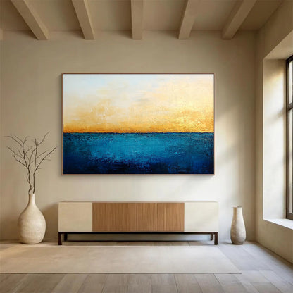 “Golden Horizon” - Blue, Gold, White, Minimalist Abstract Seascape Painting On Canvas HB1067