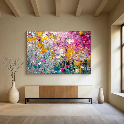 “Textured Floral Abstract” - Yellow, Pink, Silver, Green with Thick Textures - Painting On Canvas HB1379