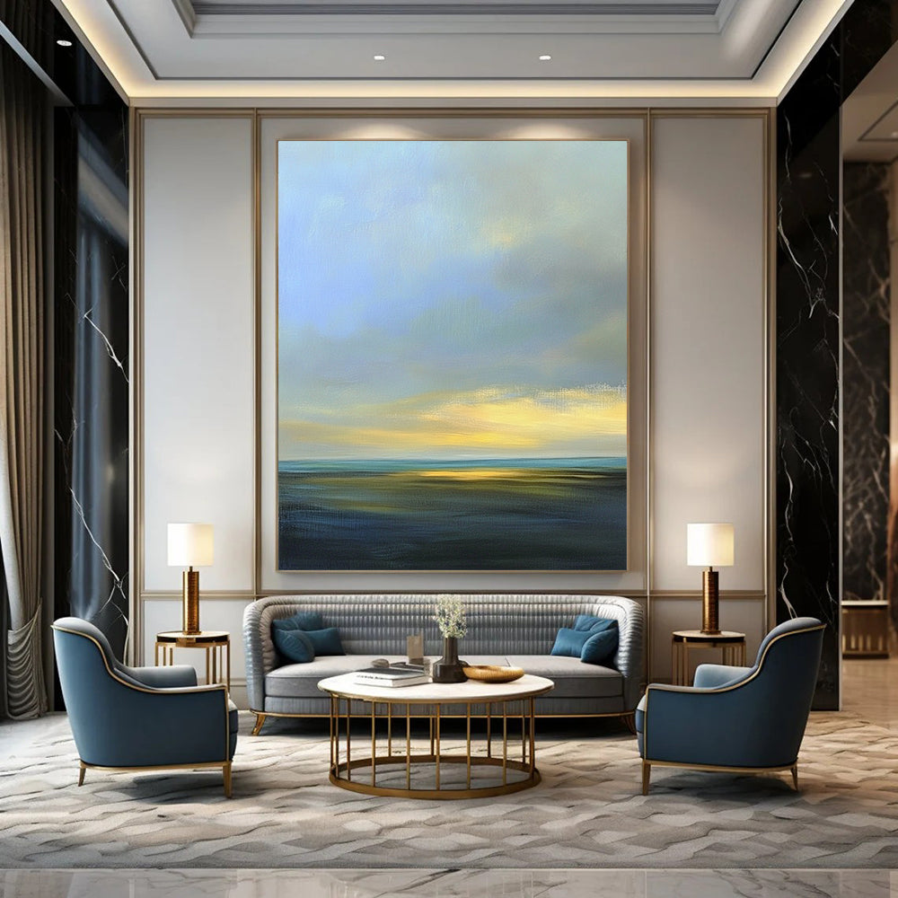 Contemporary abstract artwork featuring a serene sky with soft blues and grays, accented by light yellow highlights and distant clouds. DLZ0492