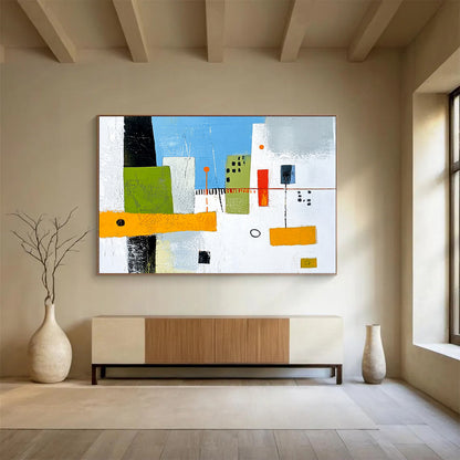 “Geometric City Blocks” - Greens, blues, oranges, whites; Abstract geometric city buildings; Minimalist Acrylic Painting On Canvas HB1179