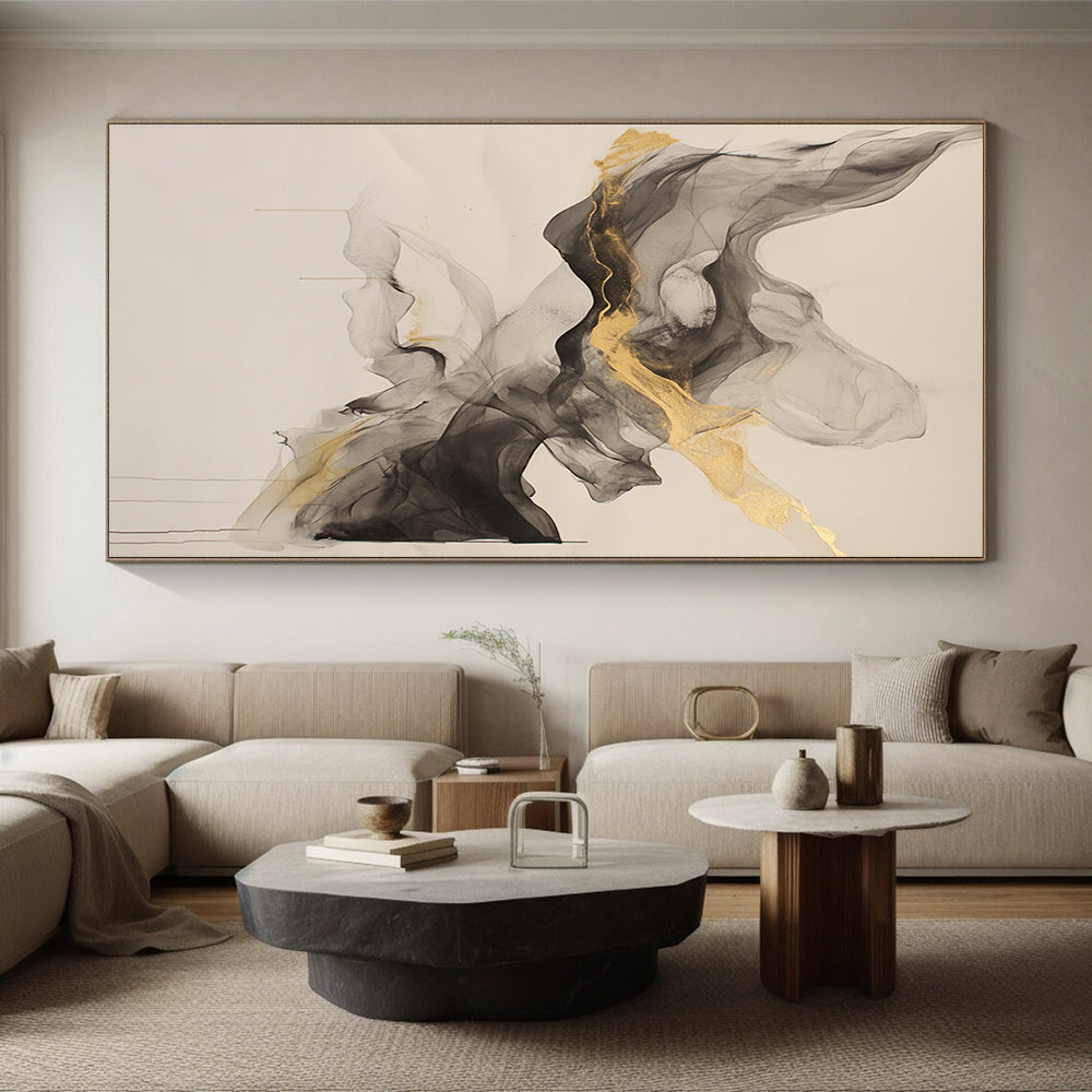 Beige, Gray, Gold, Flowing Shapes "Graceful Drift" Abstract Painting On Canvas HB026