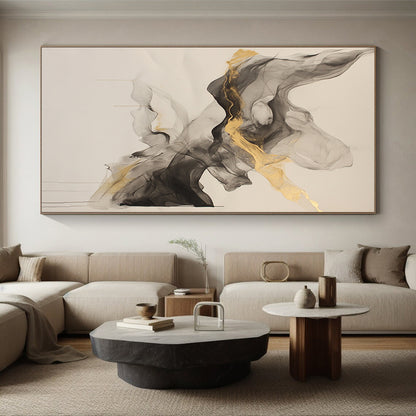Beige, Gray, Gold, Flowing Shapes "Graceful Drift" Abstract Painting On Canvas HB026