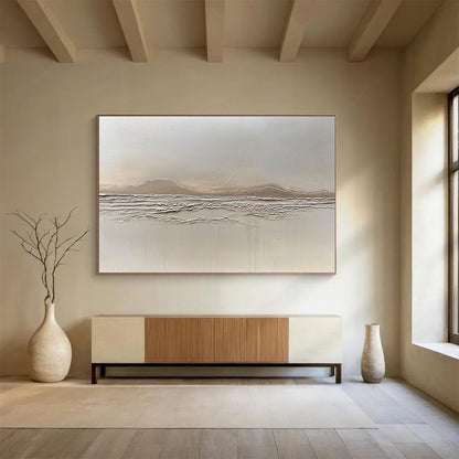 “Textured Beige Landscape Relief” - Beige, Textured Mountain & Sea Painting On Canvas HB0790
