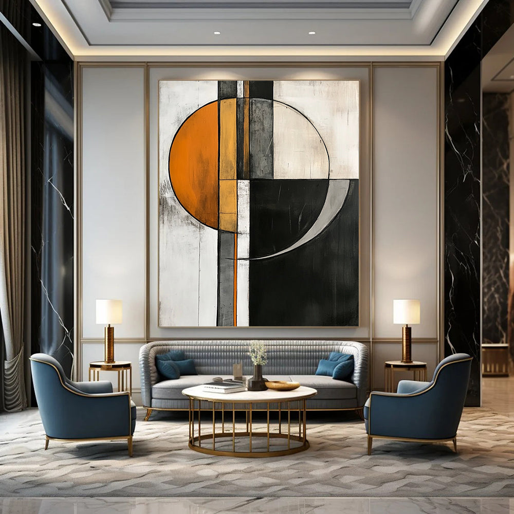 Contemporary abstract artwork featuring geometric shapes in orange, gray, and white on a striking black and white background. DLZ1017