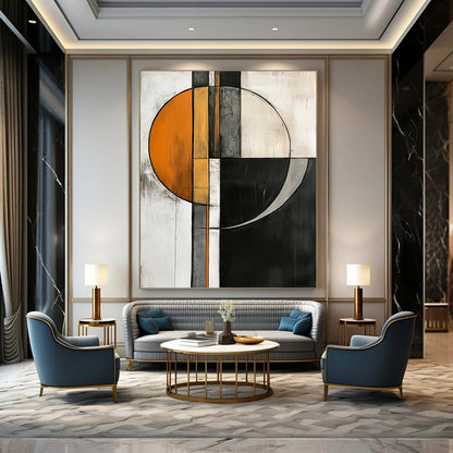 Contemporary abstract artwork featuring geometric shapes in orange, gray, and white on a striking black and white background. DLZ1017