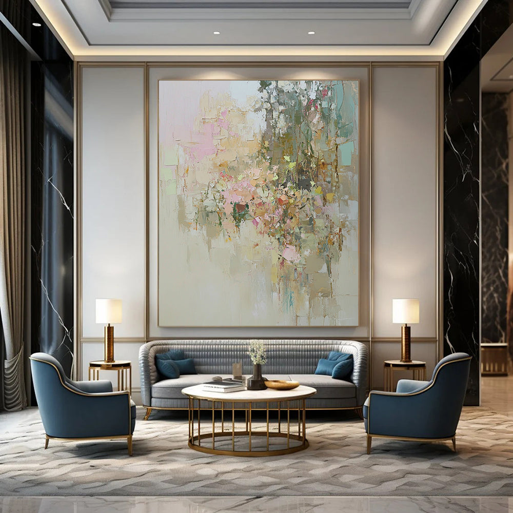 Contemporary abstract artwork showcasing an overgrown garden in muted pastels with visible textures and dreamy soft lighting emphasizing natural beauty. DLZ0889