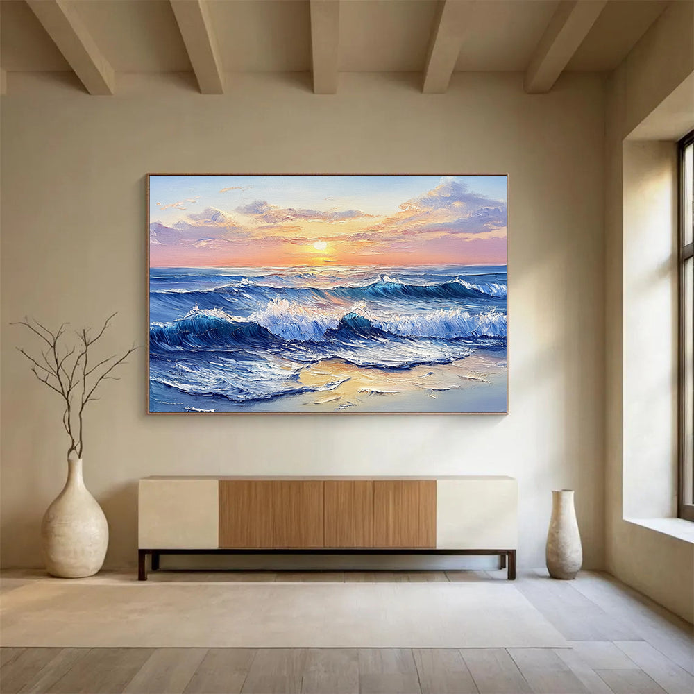 “Sunset Sea Waves” - Blues, Oranges, Yellows, Ocean Waves at Sunset - Impasto Oil Painting HB1706