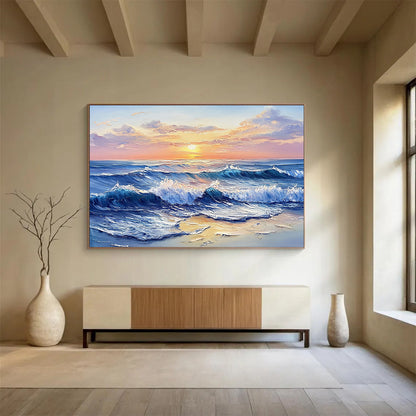 “Sunset Sea Waves” - Blues, Oranges, Yellows, Ocean Waves at Sunset - Impasto Oil Painting HB1706