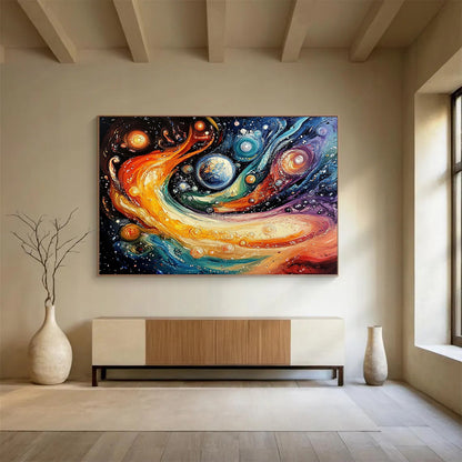 “Cosmic Color Swirl” - Multicolor, Planets, Cosmic Swirl Painting On Canvas HB0740