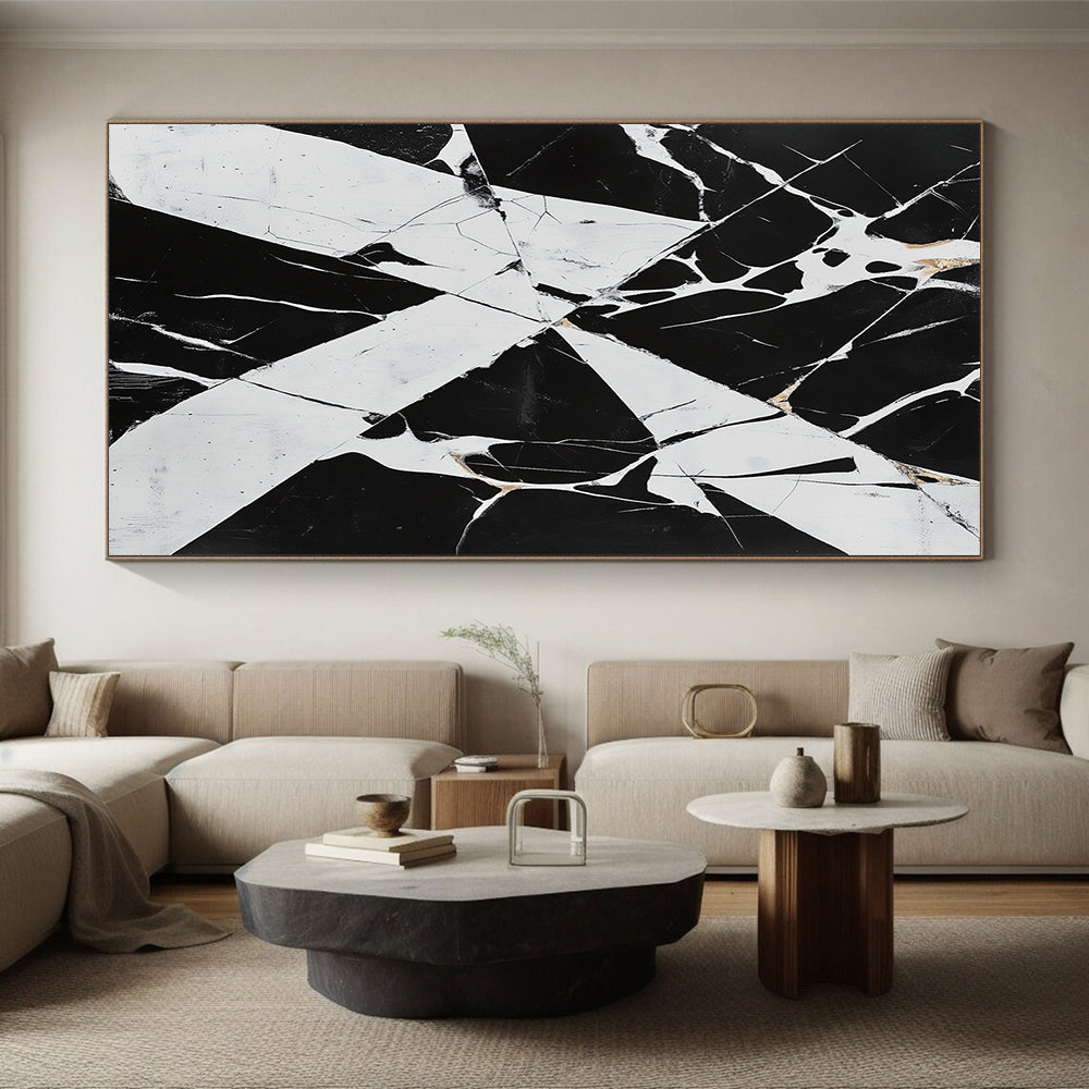Black, White, Gold with Marbled Cracks "Fractured Elegance" Abstract Painting On Canvas HB017