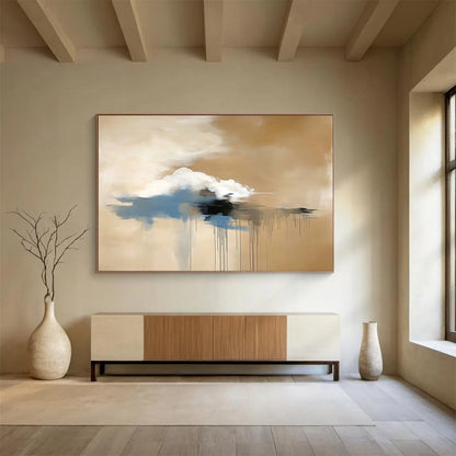 “Floating Cloud Dreamscape” - Beige, White, Blue, Black, Abstract Cloud - like Forms with Drips Painting On Canvas HB1082