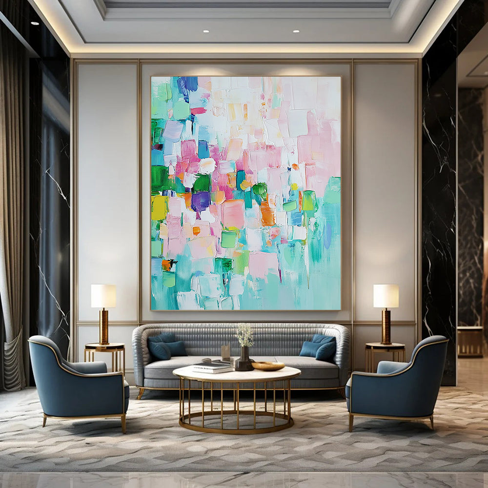 Contemporary hand-painted abstract art featuring pastel colors and textured oil paint showcasing harmonious shapes and contrasting geometric blocks for depth and interest. DLZ0762