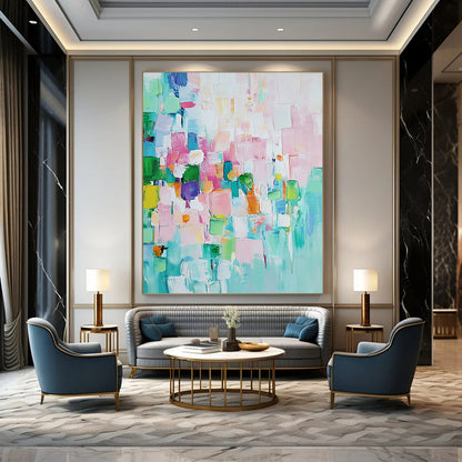 Contemporary hand-painted abstract art featuring pastel colors and textured oil paint showcasing harmonious shapes and contrasting geometric blocks for depth and interest. DLZ0762