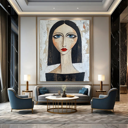 Contemporary hand-painted portrait showcasing confidence with blue eyes and red lips against a textured white backdrop featuring dark hair and a black top. DLZ1442