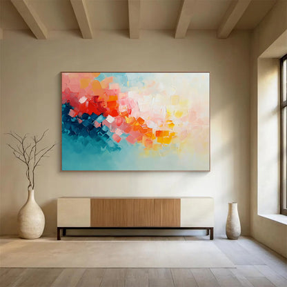 “Vibrant Square Impasto” - Pink, Orange, Blue, White - Textured Square Abstract - Oil Painting HB1318