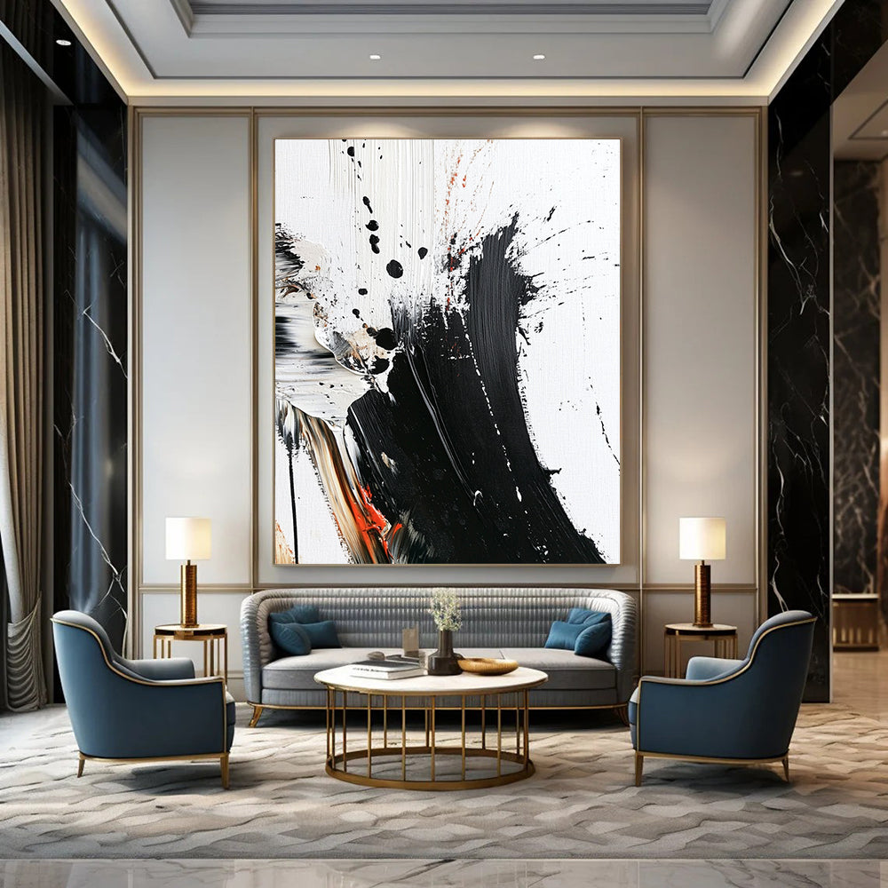 Contemporary abstract painting with bold brush strokes thick texture and striking color splashes on white canvas minimalistic design high contrast art piece. DLZ0312