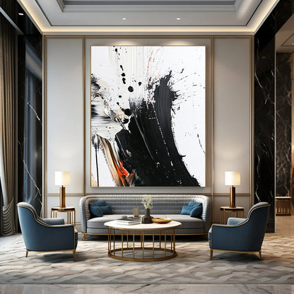 Contemporary abstract painting with bold brush strokes thick texture and striking color splashes on white canvas minimalistic design high contrast art piece. DLZ0312