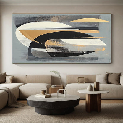 Gray, Black, White and Gold Abstract Shapes "Mystic Fusion" Painting On Canvas HB353