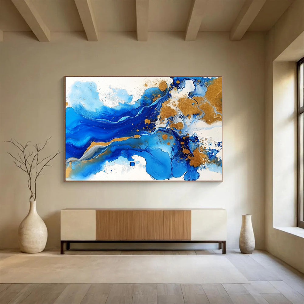 “Blue - Gold Abstract Fluid Waves” - Blue, Gold, White, Fluid Shapes Painting On Canvas HB0842