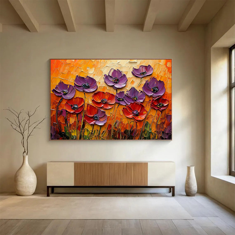 “3D Purple - Red Poppies” - Sculptural purple and red poppies on an orange backdrop, Impasto Floral Painting On Canvas HB0543