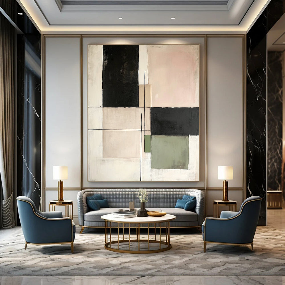 Contemporary hand-painted abstract art featuring minimalist squares and lines in neutral tones of beige black green and white on canvas. DLZ1629