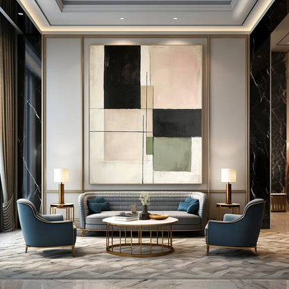 Contemporary hand-painted abstract art featuring minimalist squares and lines in neutral tones of beige black green and white on canvas. DLZ1629