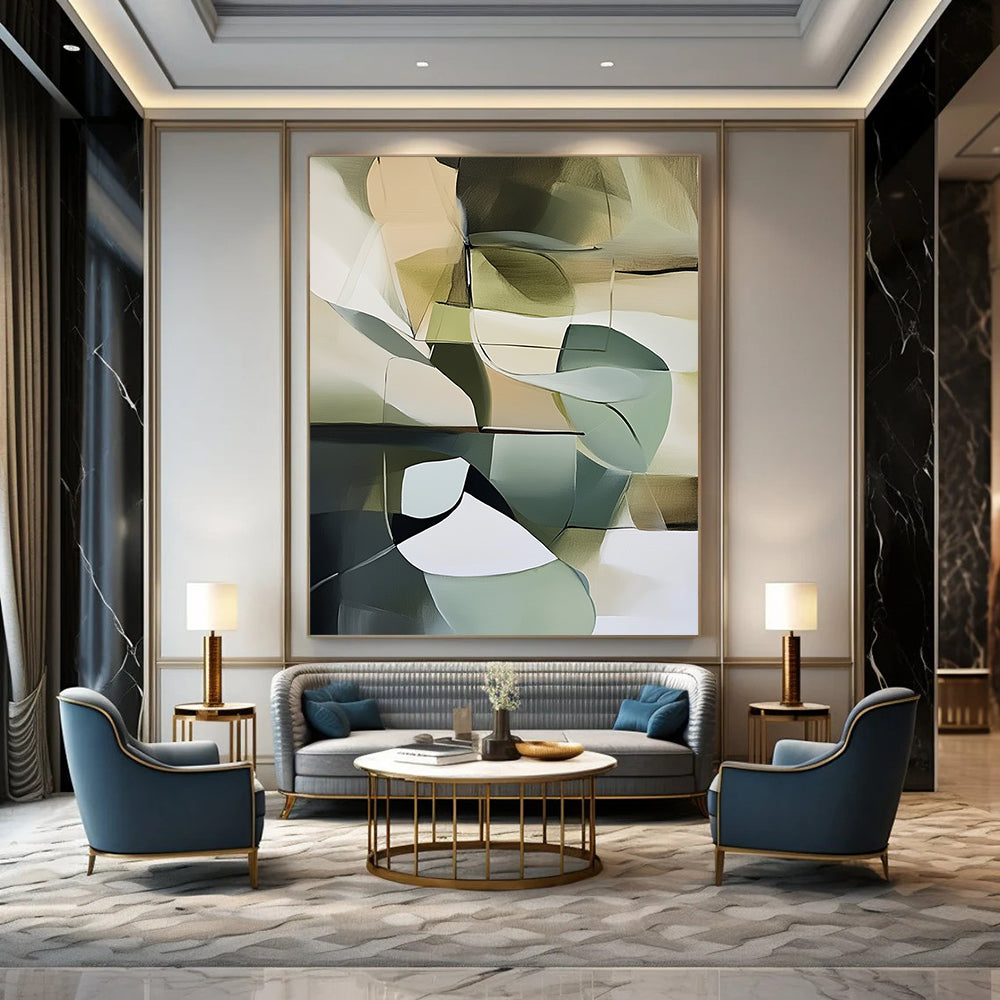 Contemporary abstract artwork featuring muted green tones and light colors against a dark gray background, inspired by Frey and Marie-Suze van der Hout. DLZ0490