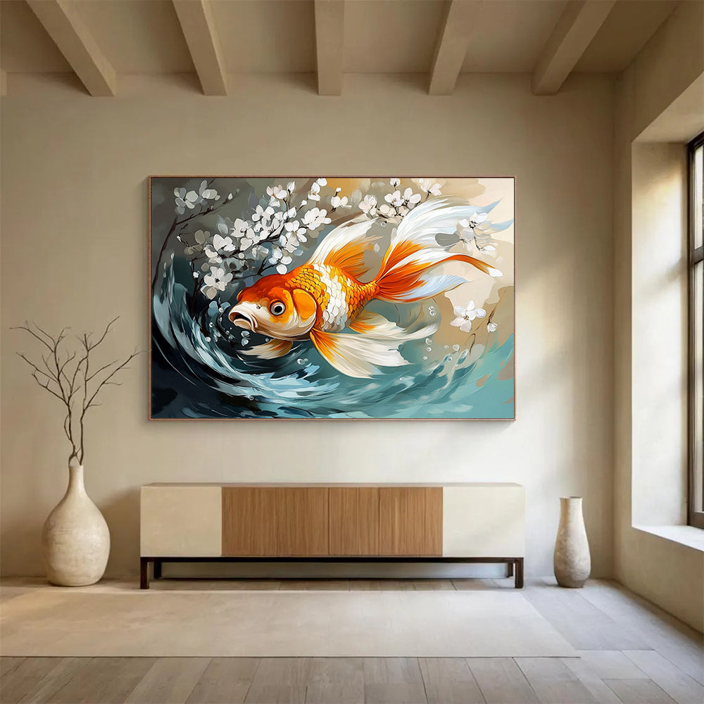 “Goldfish with White Blossoms” - Orange, White, Blue, Nature Scene with Fish - Digital Art HB1650