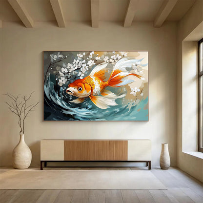 “Goldfish with White Blossoms” - Orange, White, Blue, Nature Scene with Fish - Digital Art HB1650