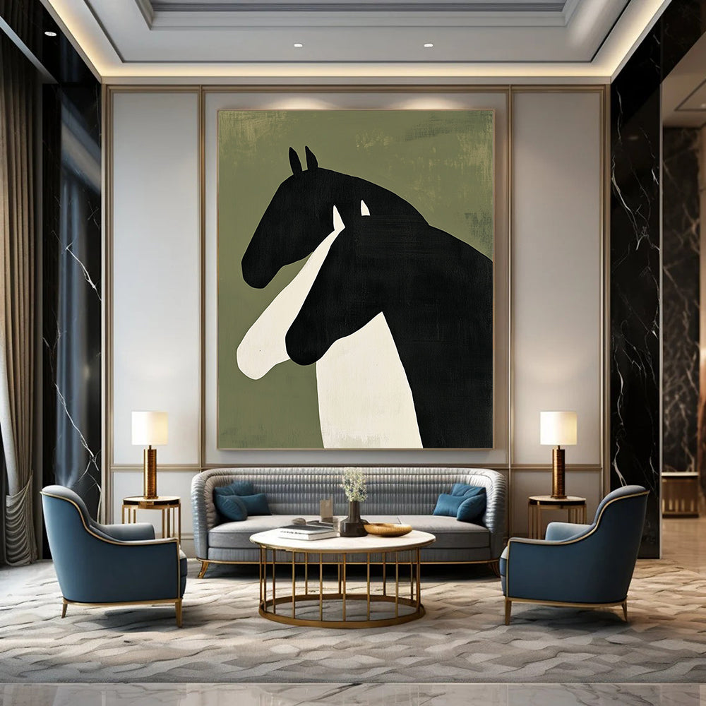 Contemporary abstract painting featuring two horses in profile – bold black shapes with white accents on green background, creating a striking minimalist visual. DLZ1325