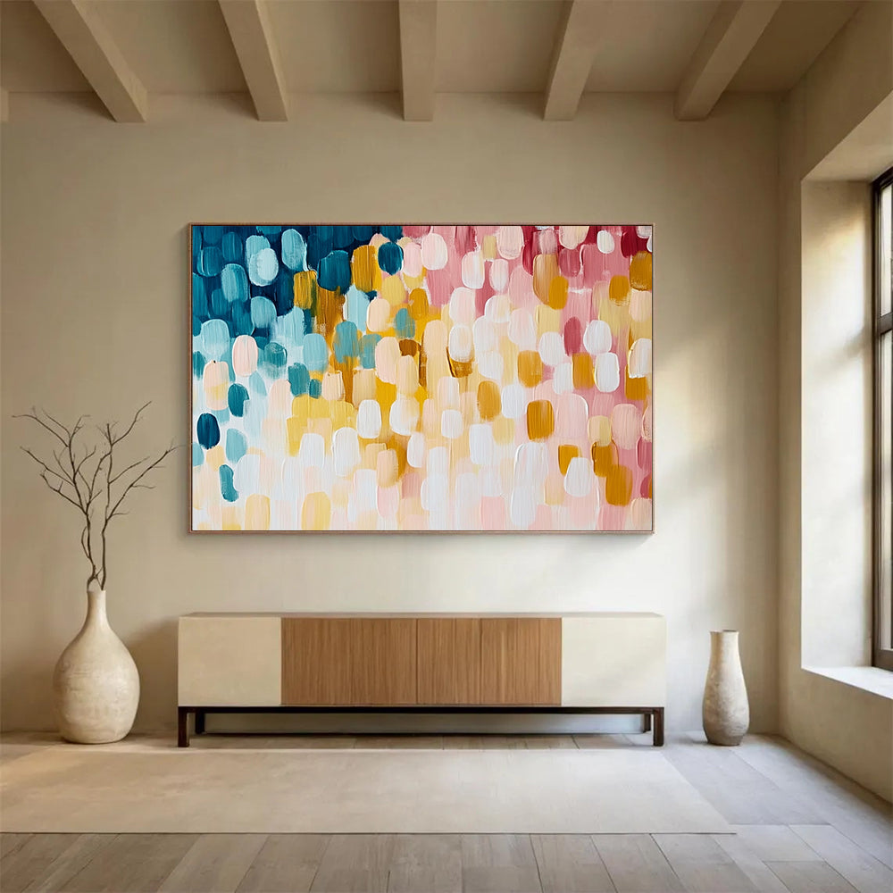 “Pastel Oval Abstract Pattern” - Blue, yellow, pink, white; Abstract oval shapes in pastel colors; Acrylic Painting On Canvas HB1238