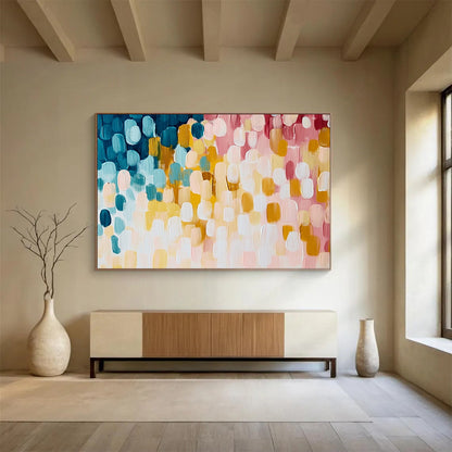 “Pastel Oval Abstract Pattern” - Blue, yellow, pink, white; Abstract oval shapes in pastel colors; Acrylic Painting On Canvas HB1238