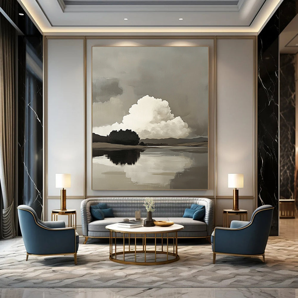Contemporary abstract art featuring atmospheric clouds over a serene lake with hills and trees in soft neutral tones and subtle brush strokes. DLZ1097