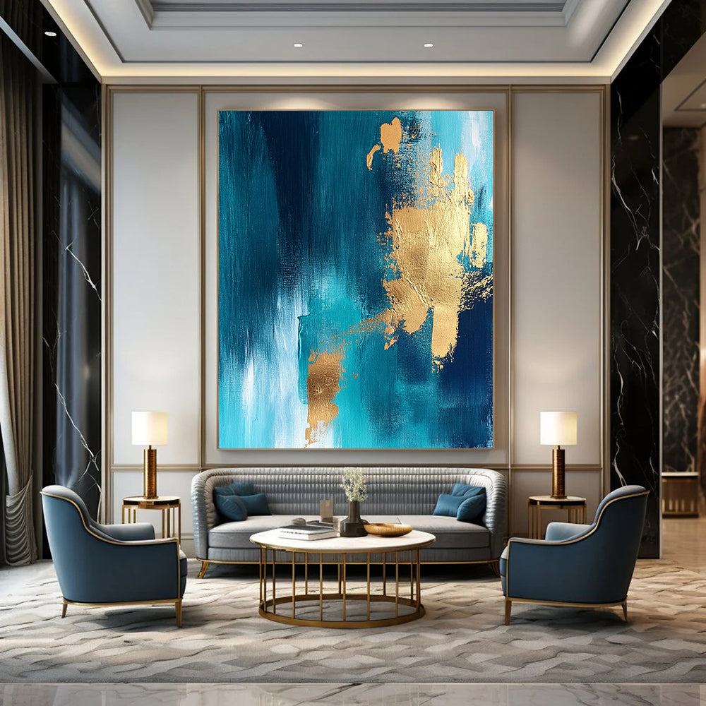 Contemporary abstract artwork featuring vibrant blue and gold foil accents against a rich teal background perfect for modern decor. DLZ0342