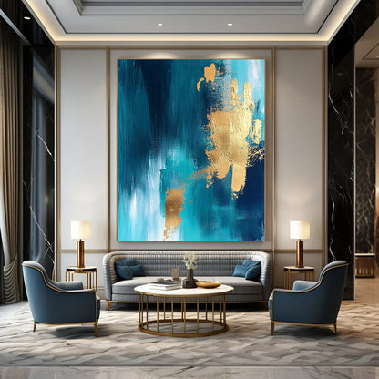 Contemporary abstract artwork featuring vibrant blue and gold foil accents against a rich teal background perfect for modern decor. DLZ0342