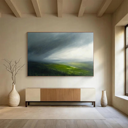 “Misty Moorland” - Gray, Green, Abstract Atmospheric Landscape Painting On Canvas HB1087