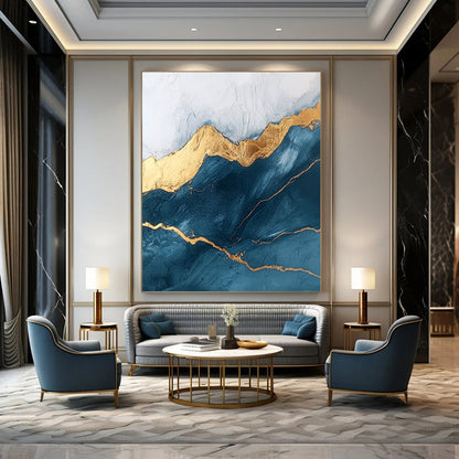 Contemporary abstract art featuring marble texture and rounded edges adorned with golden lines in a dark blue and white mountain peak theme. DLZ1591