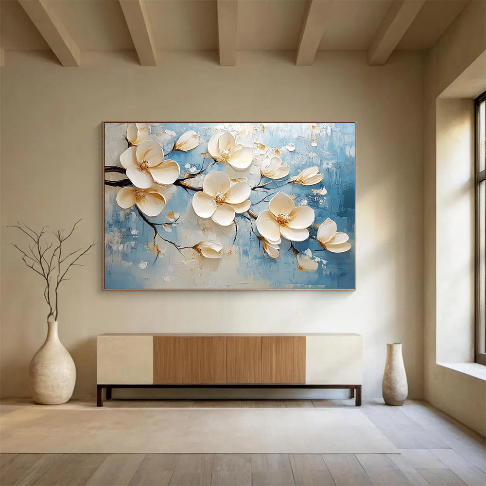 Blue, Beige and White Textured Magnolias "Blossom Serenity" Painting On Canvas HB0422