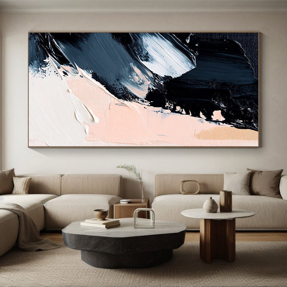 Black, White, Gold, Blush, Brush Strokes "Gilded Blush Drama" Abstract Gestural Painting On Canvas HB168