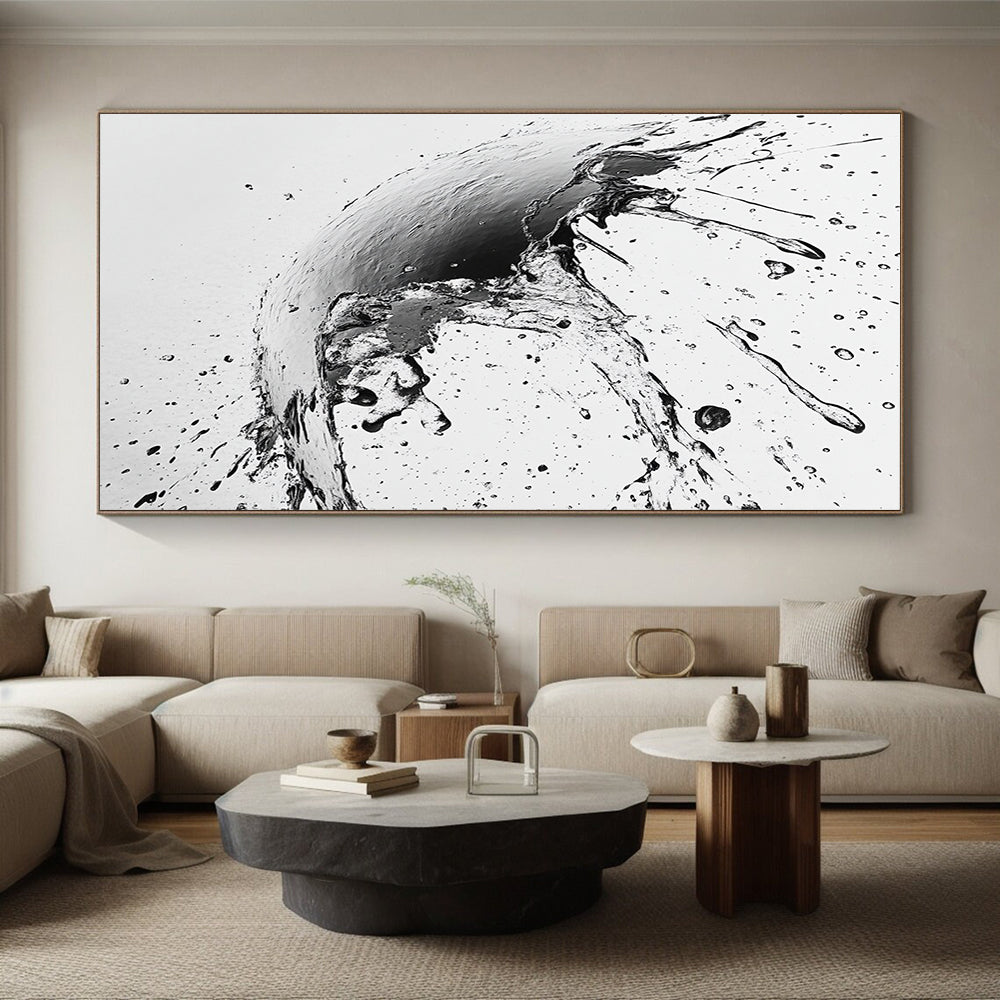 Black, White, Splashing Ink Drop "Ink Drop Explosion" Abstract Expressionist Painting On Canvas HB138