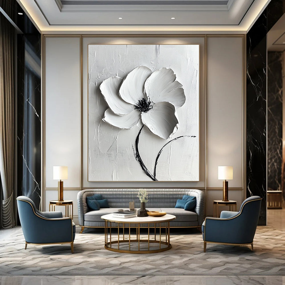 Contemporary large abstract painting featuring a white flower with textured lines and gentle lighting on a pure white background. DLZ1741
