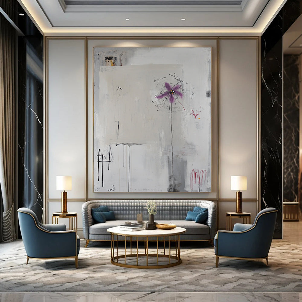 Contemporary abstract art features white canvas with scribbles, handwritten elements, light grey background, central purple flower, and defined black lines. DLZ1084