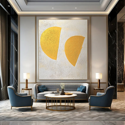 Large contemporary hand-painted abstract art featuring two yellow half-circles against a textured white and gray background in a soft color palette. DLZ1429