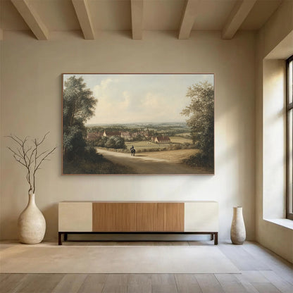 “Village Path with Rider” - Earthy tones, village scene, rider on path, Landscape Painting On Canvas HB0595
